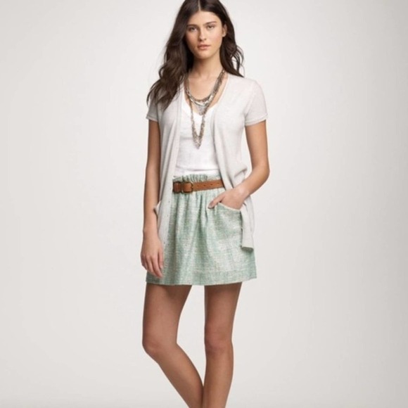 J. Crew Mini Skirt 8 Mint Green Tweed Shirred A-Line Back Zip Front Pockets - Picture 1 of 5